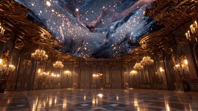 Grand ballroom interior with ornate chandeliers and starry night sky visible through the ceiling, illuminated by soft golden lighting and reflections on the polished floor