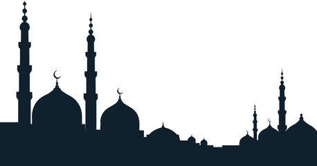 Dark silhouette of multiple mosque domes and tall minarets creates a dramatic religious architectural skyline against a.