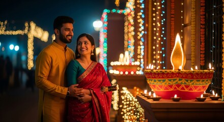 Loving Couple Embracing in Festive Attire Near Illuminated Building