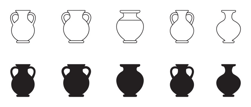 Ancient Greek vase and amphora icon set with various shapes presented in both black silhouette and thin line art styles for graphic design and web interface elements