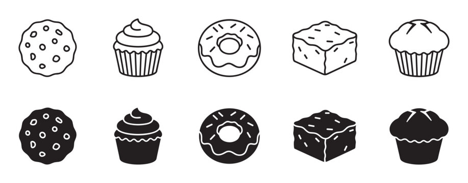 Black and white bakery dessert icon set featuring a cookie, cupcake, doughnut, brownie, and muffin in both outline and solid silhouette graphic styles