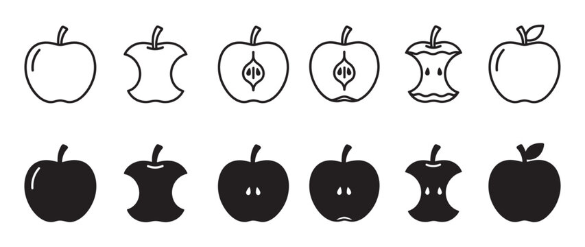 Set of black apple icons showing different stages including whole fruit, a bitten core, and a sliced half in both outline and solid silhouette graphic styles