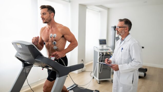 Professional male doctor monitoring an athlete's heart performance during a treadmill stress test using EKG electrodes focusing on cardiovascular health resilience and endurance in a bright medical fa