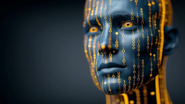 Futuristic humanoid robot head with blue skin and glowing yellow binary code patterns, showcasing intricate details and expressions in a dark, minimalist environment