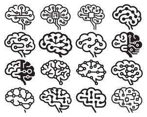 Obraz premium Brain Illustrations with Various Circuit Board Designs on White Background