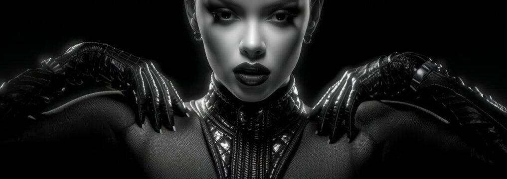 dark surreal portrait of alternative beauty, surreal gothic portrait in black and white,wildly styled gothic woman in fantasy world