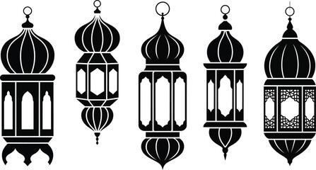 Five distinct black silhouettes of ornate Arabic lanterns are displayed against a plain white background for holiday design.