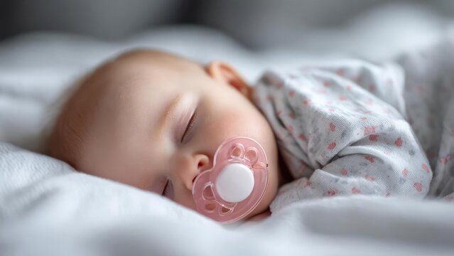 A baby sleeping with a pink pacifier, wrapped in a soft light blanket. Concept Newborn Portrait, Sleeping Baby, Pink Pacifier, Soft Blanket, Gentle Lighting