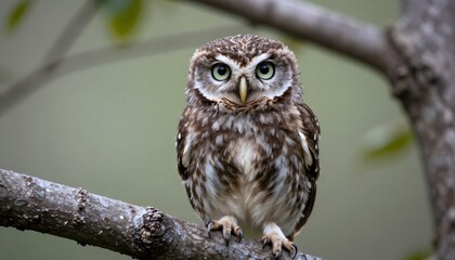 Obraz premium Cute little owl perched on a branch with soft natural light. Adorable wildlife scene perfect for nature, education, and animal-themed designs