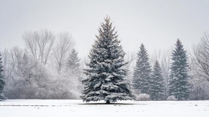 Fototapeta premium A snow-covered evergreen tree stands alone in a snowy field with bare trees in the background. Concept Solitary snowy evergreen tree in a quiet field with bare winter trees in the background
