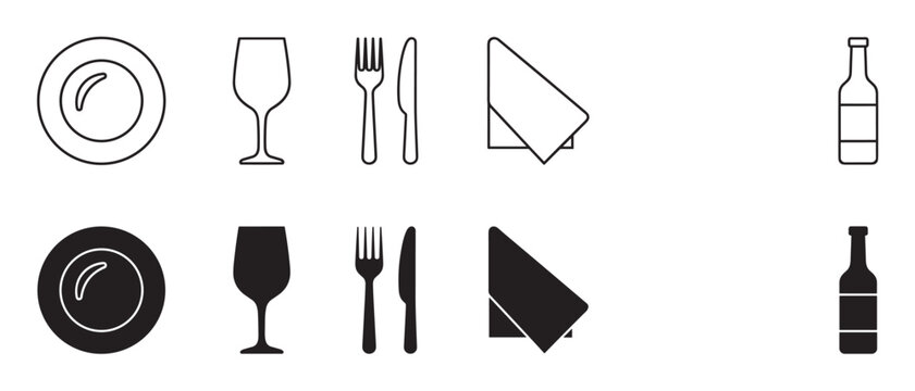 Set of black dining icons showing a plate, wine glass, cutlery, napkin, and bottle in two styles, outline and solid silhouette, for restaurant or food service concepts