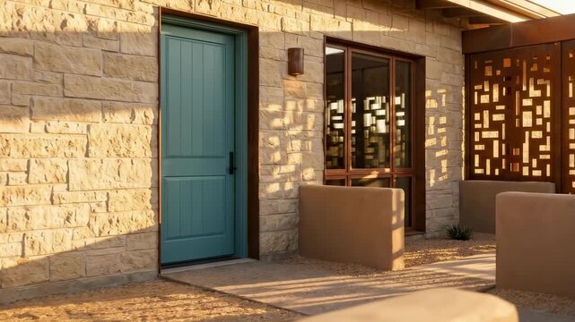 limestone brick. A serene architectural scene featuring a textured stone exterior, a turquoise door, and an intricate patterned wall, illuminated by warm sunlight at dusk
