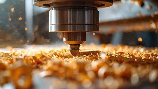 Close-up of a CNC milling machine cutting a piece of wood, creating sawdust and wood chips in the process.