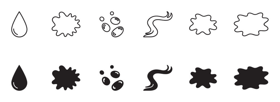 Collection of black liquid drop icons showing various forms like splashes, splatters, and streams, presented in both minimalist outline and solid silhouette styles for graphic design