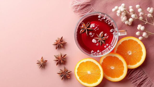 Warm mulled wine with fresh orange slices and star anise on soft pink surface