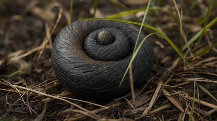 Obraz premium Curl of black earthworm on damp soil with dry grass