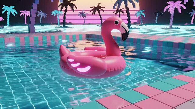 Retro Flamingo Pool Float in Neon 80s Sunset
