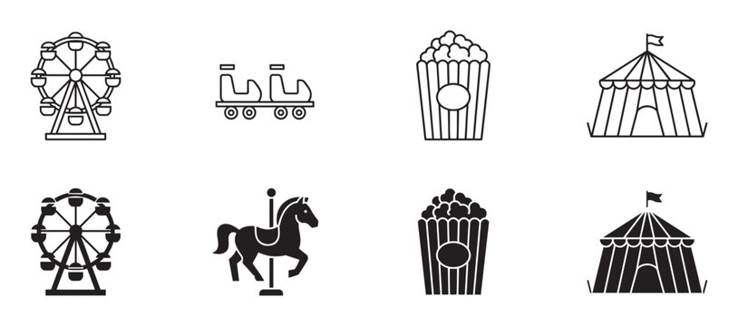 Set of black amusement park icons featuring a Ferris wheel, carousel horse, circus tent, popcorn, and roller coaster presented in both minimalist line art and solid glyph styles