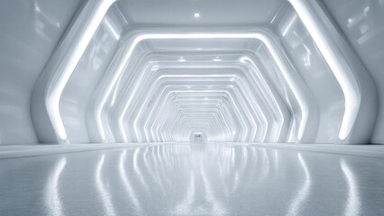 Fototapeta premium A bright, futuristic white tunnel with repeating glowing arches and a reflective floor. Concept Futuristic white tunnel, Glowing arches, Reflective floor, High-contrast lighting