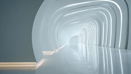 Fototapeta premium A futuristic white tunnel with curved glowing arches and a glossy reflective floor. Concept Futuristic architecture, White tunnel, Curved glowing arches, Glossy reflective floor, Cinematic lighting