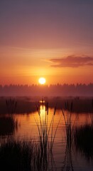 Obraz premium Golden Sunrise over Tranquil Lake with Silhouetted Reeds and Misty Horizon.