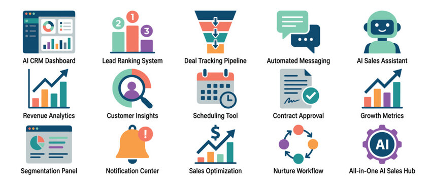 Collection of fifteen colorful flat icons representing AI sales and CRM tools for business automation, analytics, and customer management in a modern vector illustration style