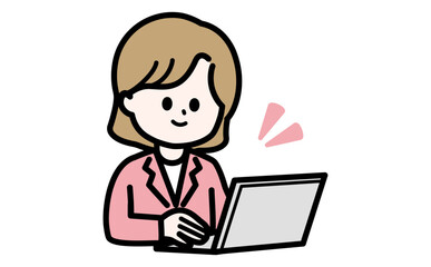 ノートパソコンで効率よく事務作業をする女性のイラスト。テレワークや在宅ワークの成功イメージ。