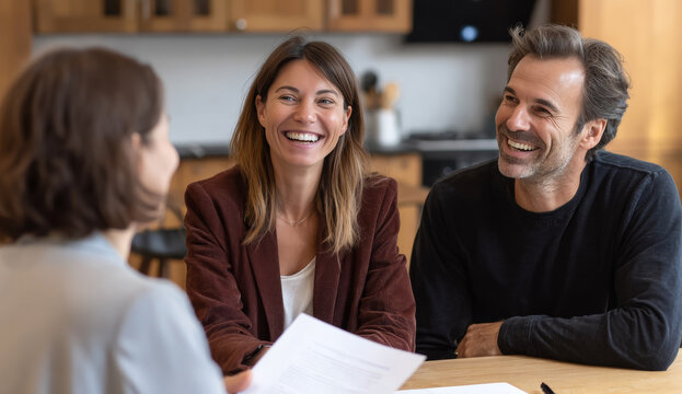 Real estate agent sitting at a table with clients in a modern kitchen, engaging in a friendly discussion about property details