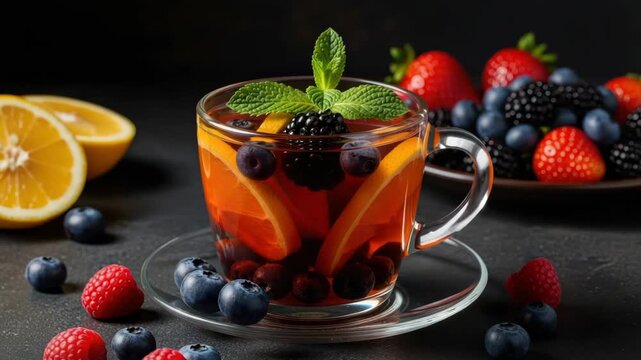 Warm fruit tea in a clear glass cup with berries, citrus slices and mint on a dark surface, illustrating natural ingredients, cozy refreshment and vibrant antioxidant-rich beverage styling

