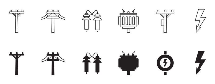 Collection of electric power line vector icons showing utility poles, transformers, and insulators in both outline and solid glyph styles for graphic design