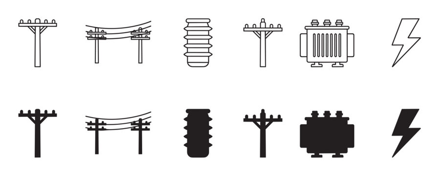 Electrical power line and equipment icon set with utility poles, transformers, insulators, and lightning bolt symbols in both outline and solid silhouette styles