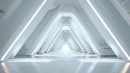 Obraz premium A long white futuristic hallway with repeating triangular arches and glowing edge lighting. Concept Futuristic white hallway, Repeating triangular arches, Glowing edge lighting, Symmetry and depth