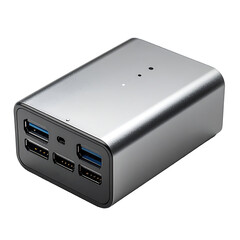 Silver USB Hub with Multiple Ports for Data Transfer and Charging.