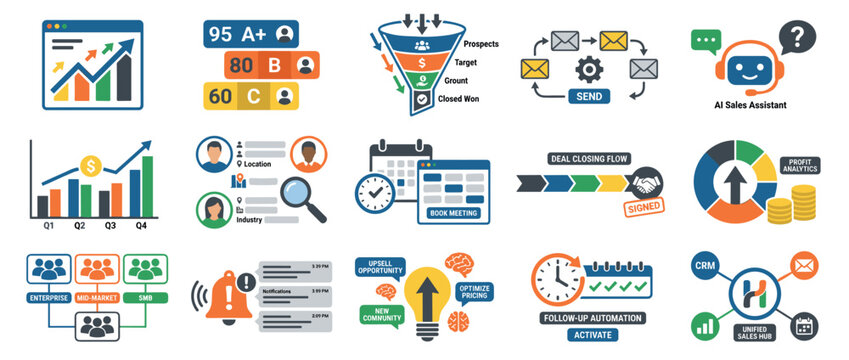 Collection of colorful flat business icons illustrating sales, marketing, CRM, profit analytics, automation, and customer data management concepts