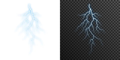 Realistic blue lightning bolt PNG isolated on transparent background with electric storm energy and glowing flash  © Felicety
