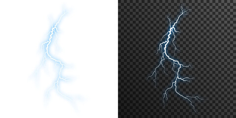 Realistic blue lightning bolt PNG isolated on transparent background with electric storm energy and glowing flash  © Felicety