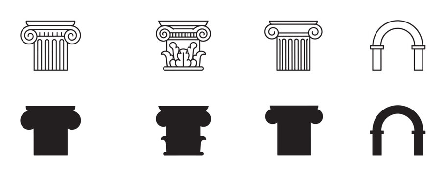 Set of black architectural element icons featuring Ionic and Corinthian columns and an arch, presented in both minimalist line art and solid silhouette vector styles