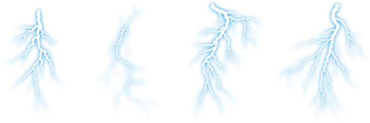 Blue lightning bolt on white background with bright electric veins and glowing storm energy effect ideal for clean high-contrast modern design overlays
