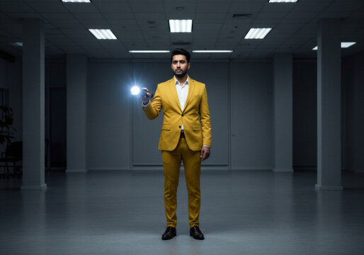 Man in yellow suit holding flashlight in dark, empty room  