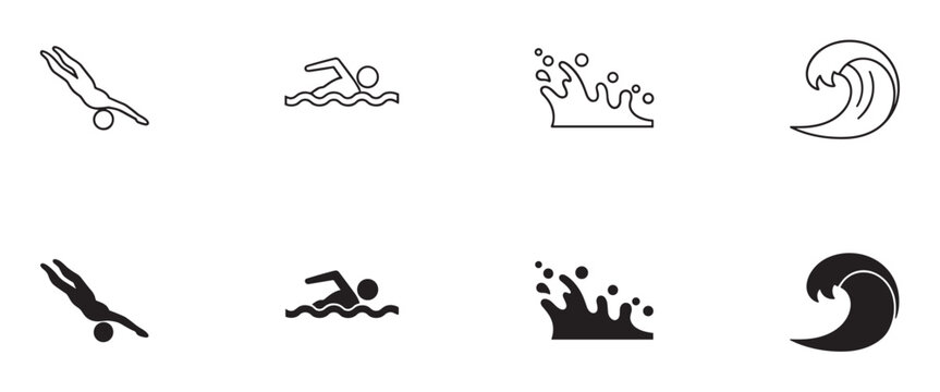 Set of black swimming and water icons showing a diver, swimmer, splash, and wave, presented in both minimalist outline and solid silhouette graphic design styles