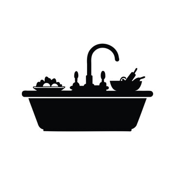 Silhouette of kitchen sink with dirty dishes and faucet vector illustration, kitchen sink with dishes silhouette vector illustration