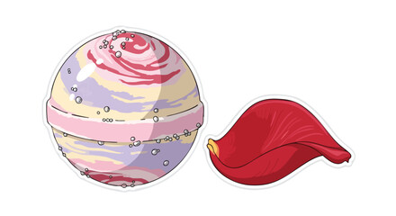 Capturing Valentine's Day Modern Romance and Self-Care, this illustration shows a colorful bath bomb and a red rose petal, ideal for relaxation