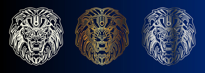 Lion Head Emblem Collection, Majestic Animal Symbol, Golden Silhouette, Regal Wildlife Design