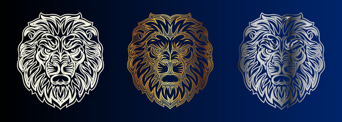 Lion Heads Collection, Majestic Animal Designs, Golden Emblem, Silver Mascot, Regal Wildlife Artwork