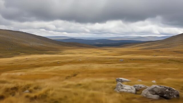Expansive golden landscape with rolling hills and dramatic clouds