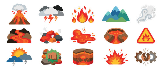 Natural disaster and geology icon set showing a volcano erupting, lava flow, earthquake, thunderstorm, and fire in a colorful flat design vector illustration style