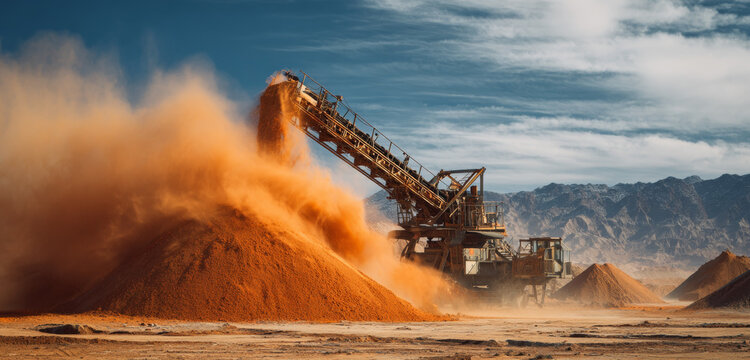 Large open-pit mining machine extracting and processing mineral materials with dust and debris in a rugged landscape