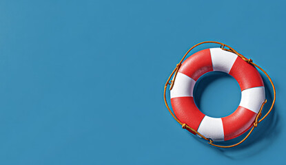 Red and white life preserver ring with textured surface and orange rope on vibrant blue background