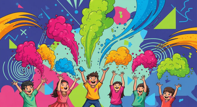 Children celebrating with colorful powder explosions vibrant Holi festival concept joyful illustration for festive events and design