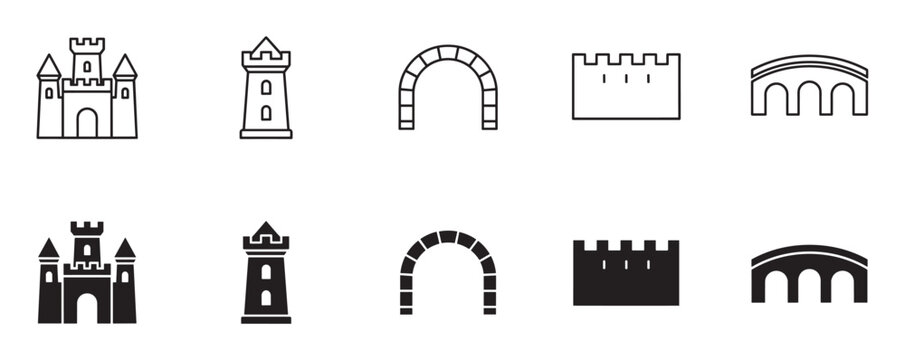 Set of black medieval castle icons in line art and solid glyph styles showing a fortress, tower, arch, wall, and bridge for graphic design elements